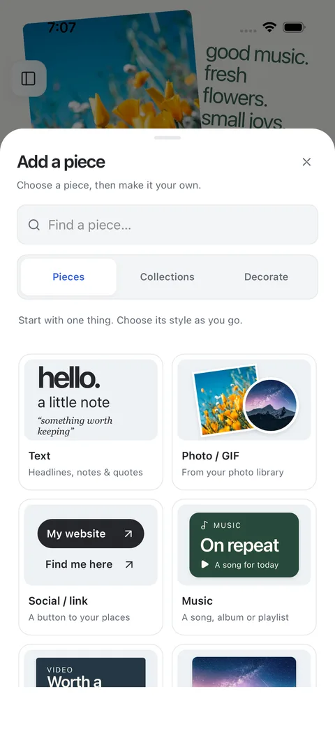 The Yours Add a piece library on iPhone, with text, photo, link and music options.