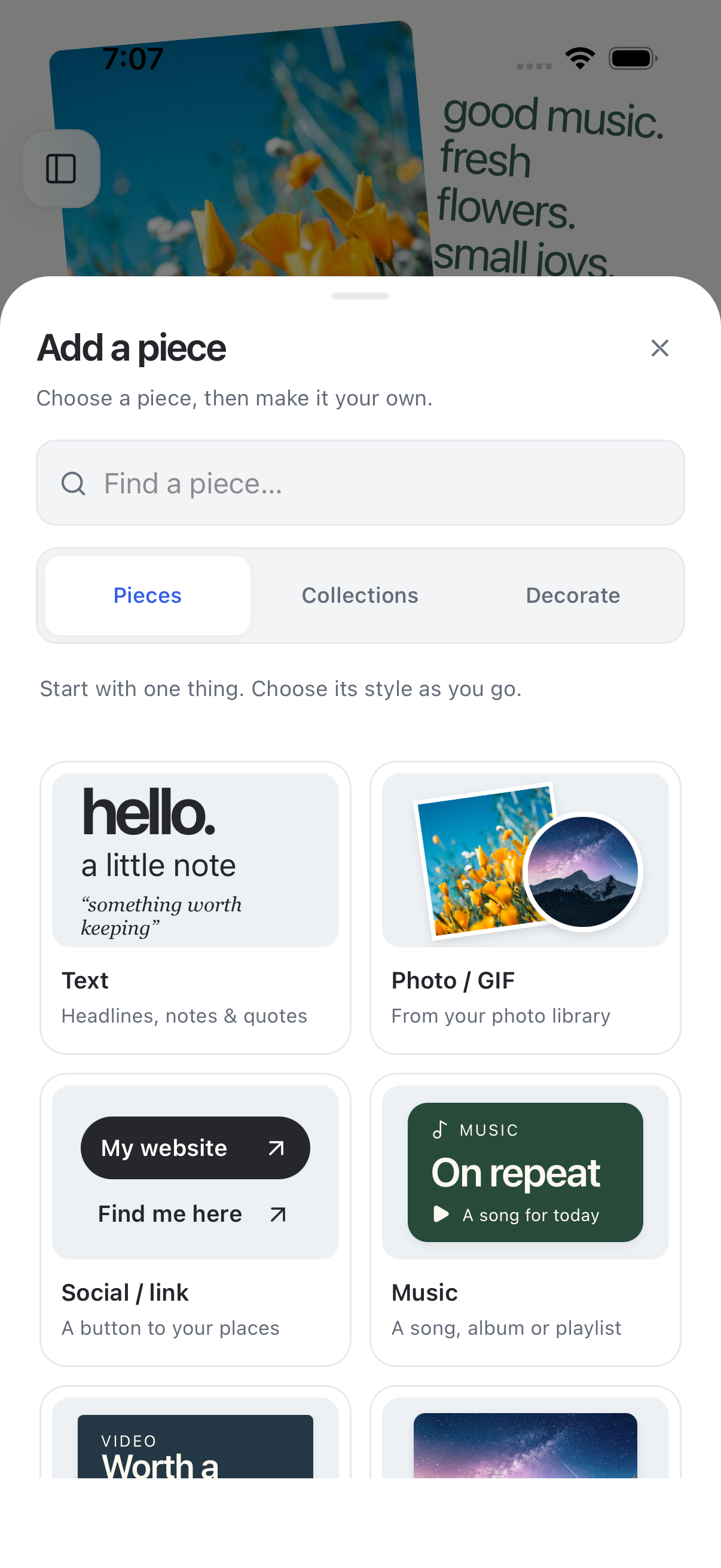 The Yours iPhone app’s Add a piece library, with photos, text, links and creative tools.