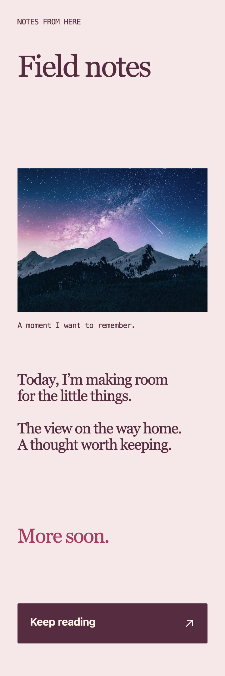 Field notes, a pink journal page made with Yours.