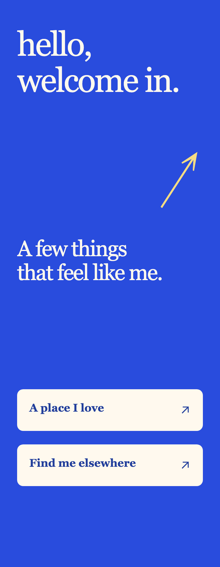A blue Yours page with expressive type and two favorite links.